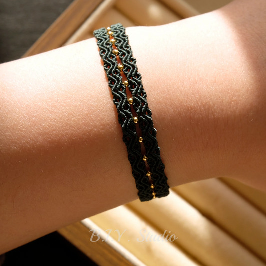 Handwoven Dark Green Bracelet with Gold Beads | Minimalist Delicate Bangle | Everyday Wear Jewelry